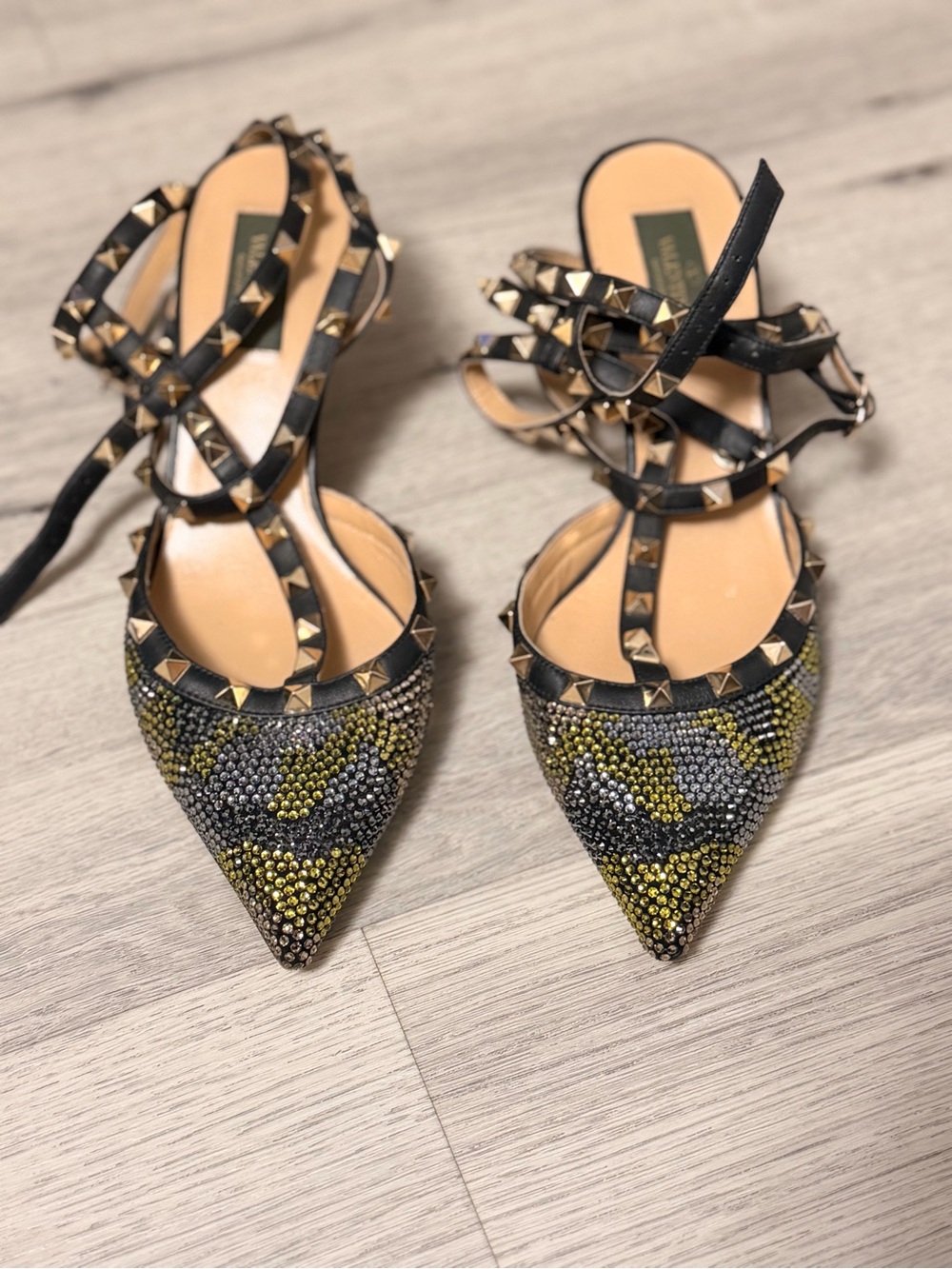 Valentino Studded Pointed-Toe Heels in Black and Yellow-Green Crystal